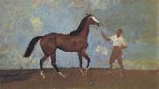 Sir Alfred Munnings,P.R.A The Racehorse 'Amberguity'  Held by Tom Slocombe oil painting picture wholesale